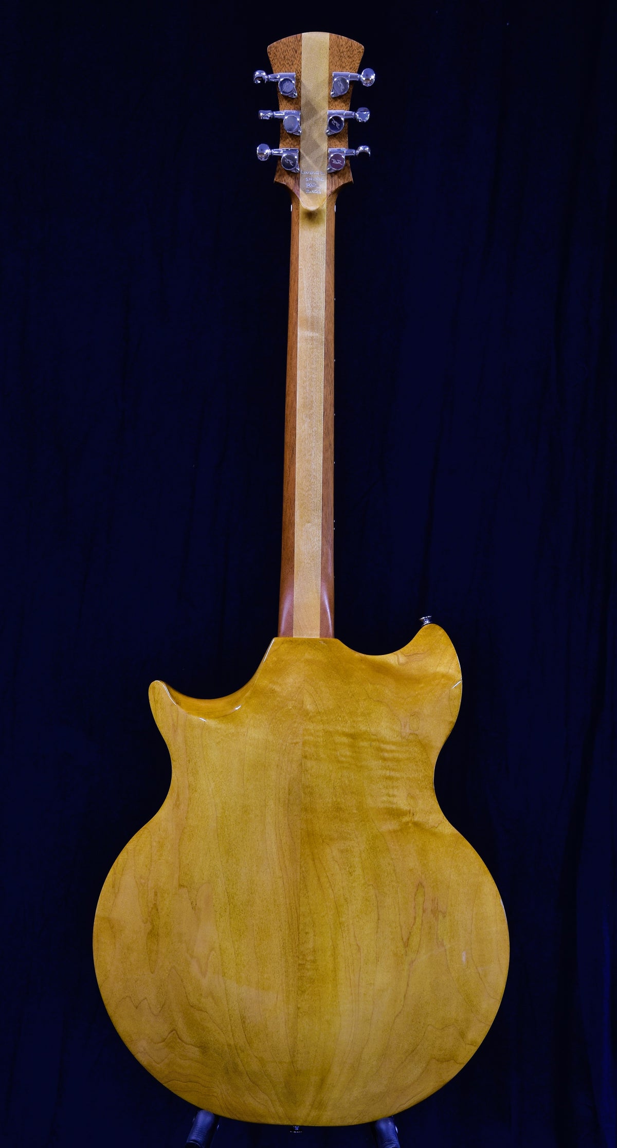 Back view of the Lineage 6 solid-wood semi-hollow electric guitar