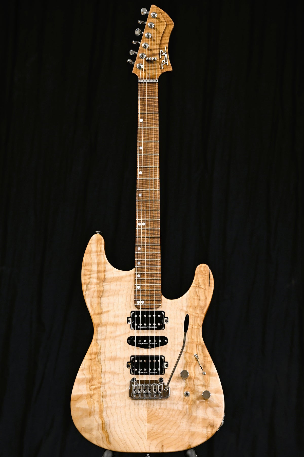 Custom BR Guitars HSH Super Legend S-Type electric guitar with natural oil finished quilted maple body and roasted curly maple neck.