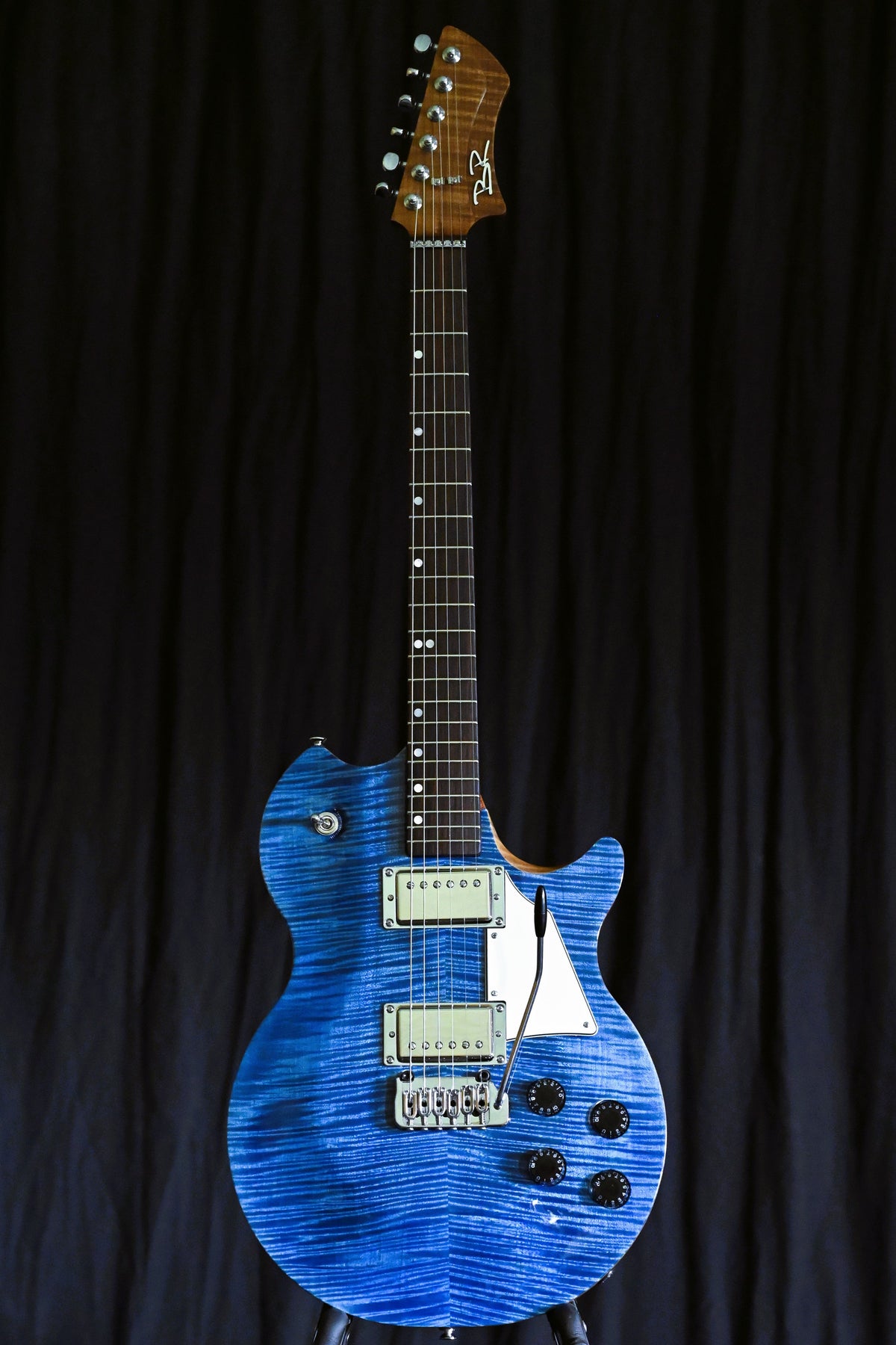 Blue curly maple BR Guitars Fusion Signature custom electric guitar with Hipshot tremolo